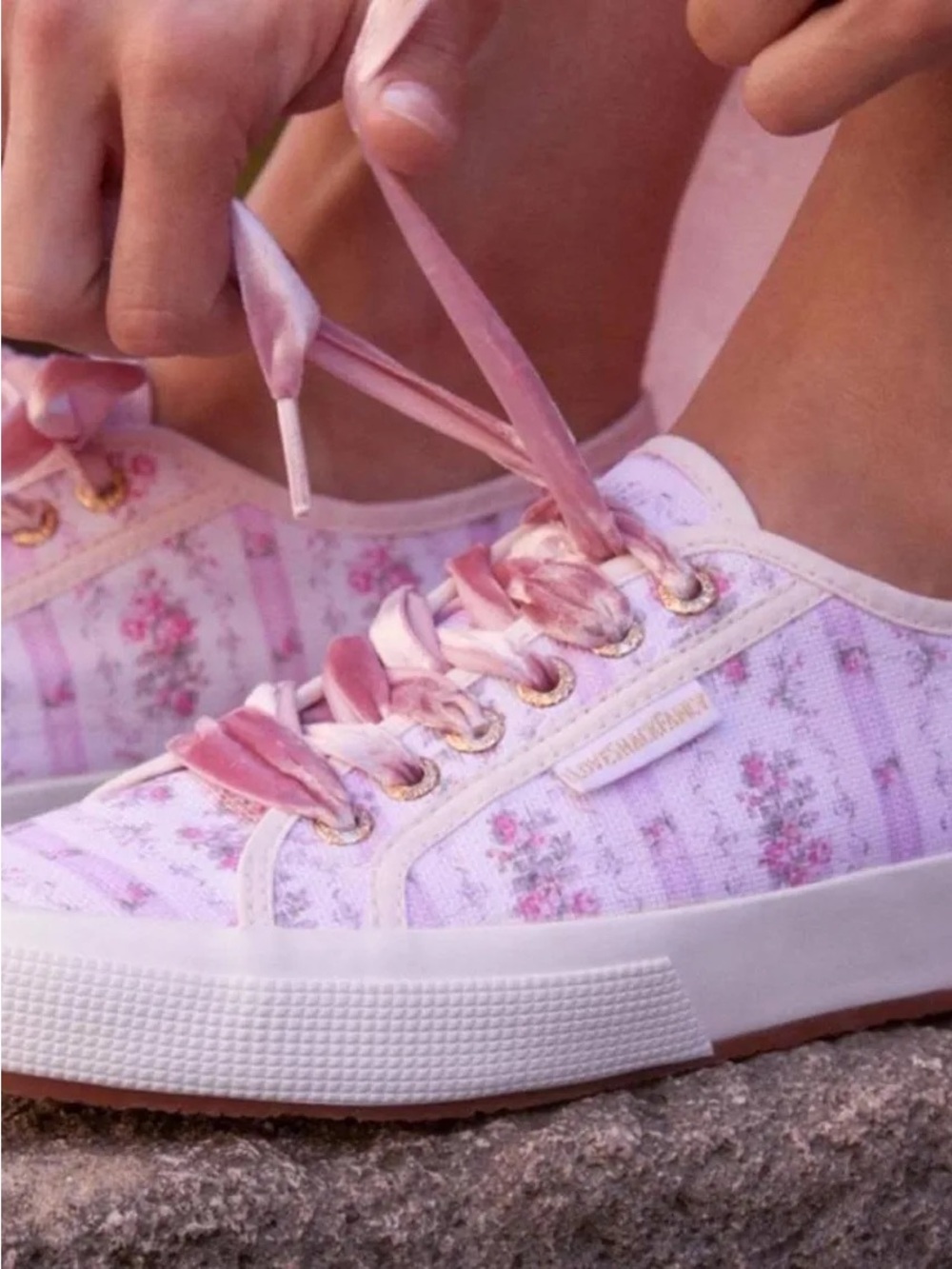 LoveShackFancy Pink Floral Ribbon-Lace Canvas Sneaker~Superga collab - Picture 2 of 6